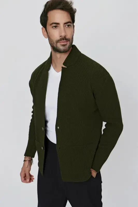 Men's Regular Fit Knitted Cardigan Khaki 23w208-Khaki - CHUBA