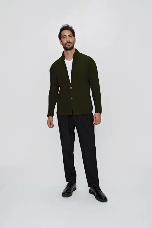 Men's Regular Fit Knitted Cardigan Khaki 23w208-Khaki - 4