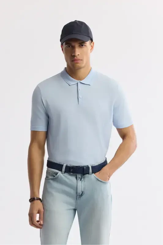 Men's Regular Fit Light Blue Polo Collar Basic Rayon Knitted T-Shirt A51Y5035-Light Blue - 1