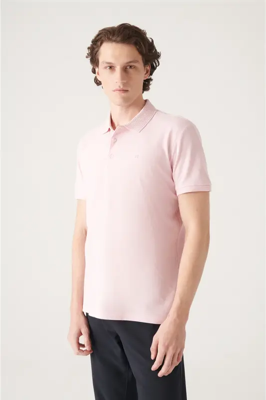 Men's Regular Fit Light Pink 3 Button 100% Egyptian Cotton Polo Neck T-Shirt B001027-Light Pink - AVVA
