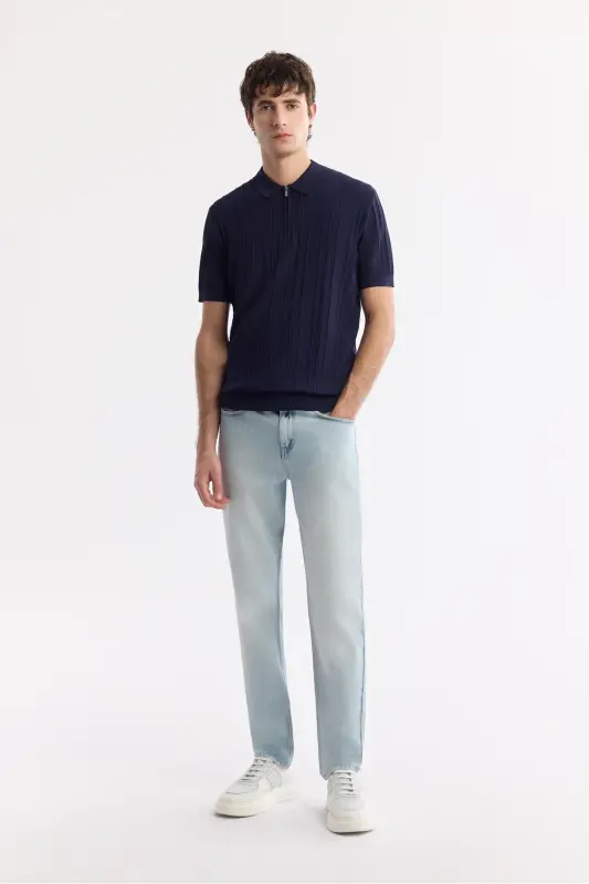 Men's Regular Fit Navy Blue Polo Collar Rayon Knit T-Shirt A51Y5046-Navy Blue - 6
