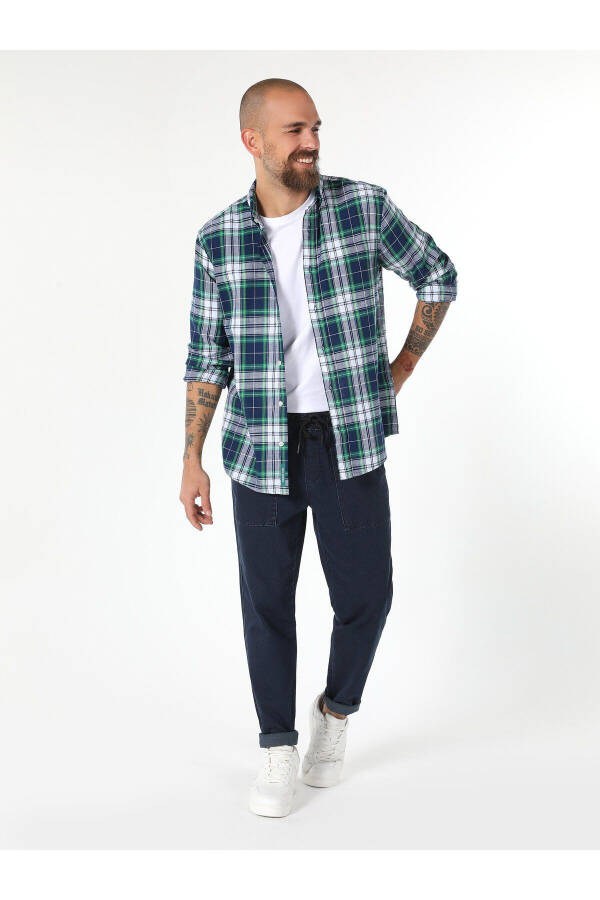 Men's regular fit, plaid, long sleeve, navy blue shirt (Cl1061794) - 1