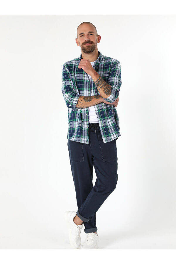 Men's regular fit, plaid, long sleeve, navy blue shirt (Cl1061794) - 3