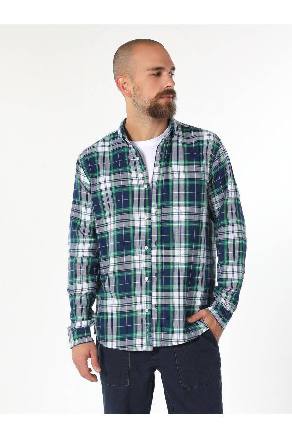 Men's regular fit, plaid, long sleeve, navy blue shirt (Cl1061794) - 4