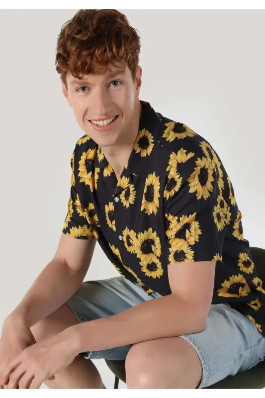 Men's regular fit, printed anthracite short-sleeved shirt - 3