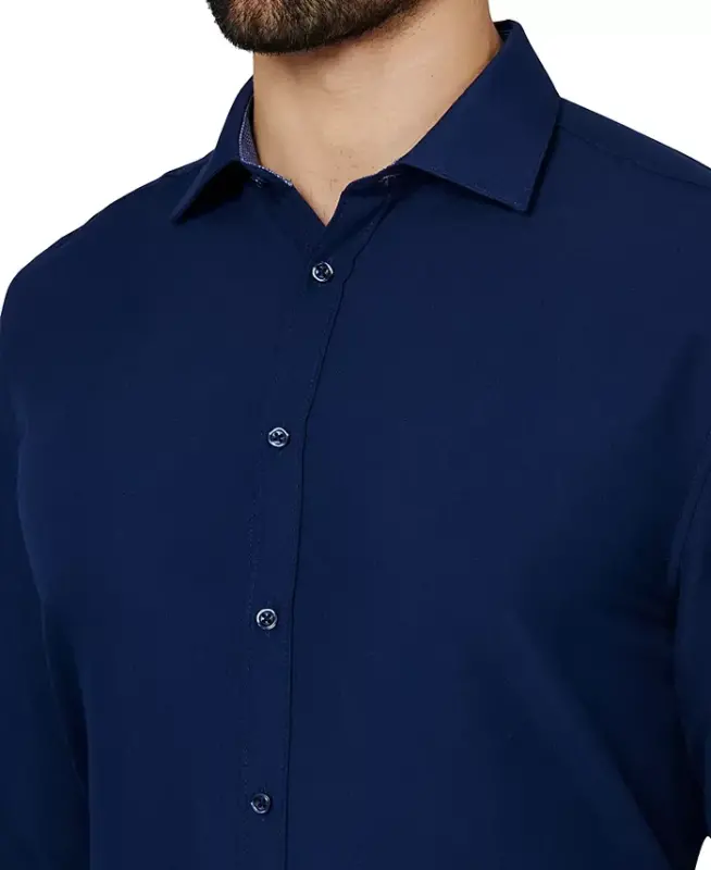 Men's Regular Fit Solid Wrinkle Free Performance Dress Shirt-Navy - 4