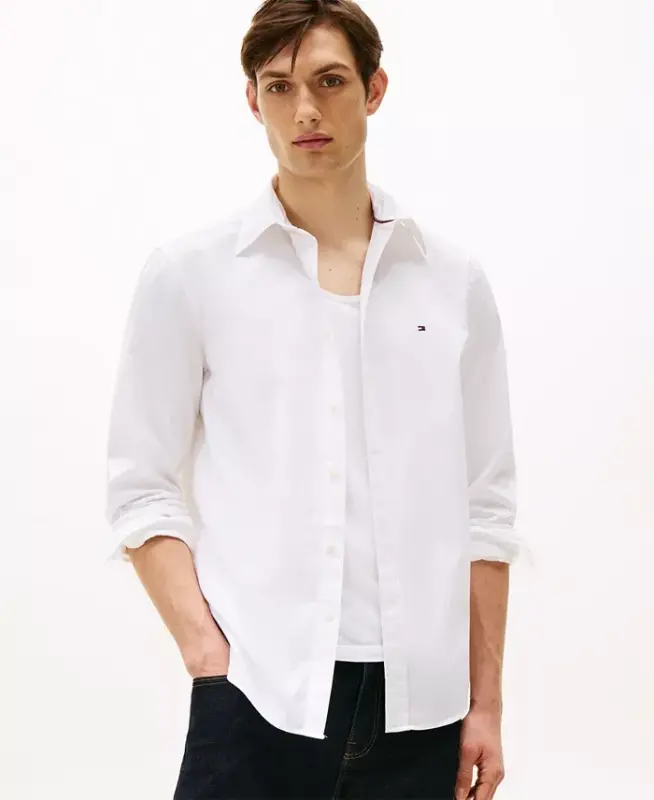 Men's Regular-Fit Stretch Poplin Button-Down Shirt-White - TOMMY HILFIGER