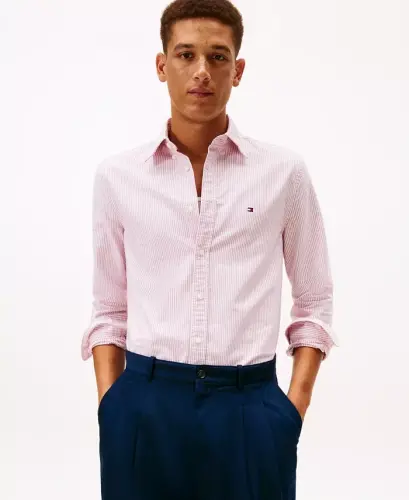 Men's Regular-Fit Striped Heritage Oxford Long-Sleeve Shirt - Medium Red / White 