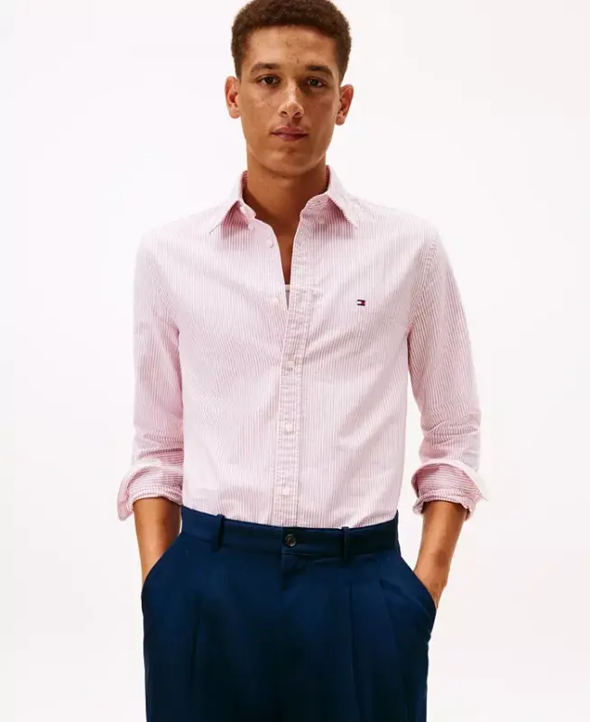 Men's Regular-Fit Striped Heritage Oxford Long-Sleeve Shirt - Medium Red / White - 1