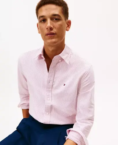 Men's Regular-Fit Striped Heritage Oxford Long-Sleeve Shirt - Medium Red / White - 3