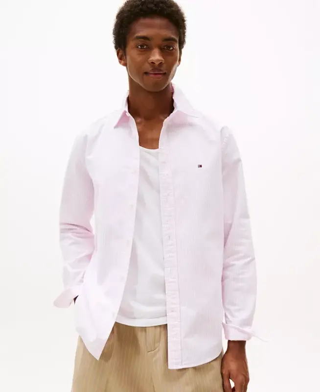 Men's Regular-Fit Striped Heritage Oxford Long-Sleeve Shirt - Rose Petal / White - 1