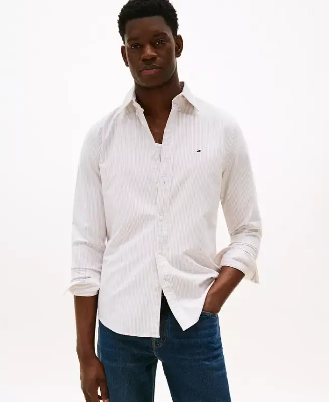 Men's Regular-Fit Striped Heritage Oxford Long-Sleeve Shirt - Safari Canvas / White - 1