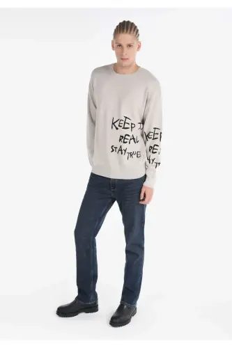 Men's regular fit sweater with bisiklet collar and stone print. - 3