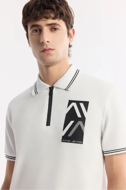 Men's Regular Fit White Polo Collar Printed 100% Cotton T-Shirt A51Y1167 - 2