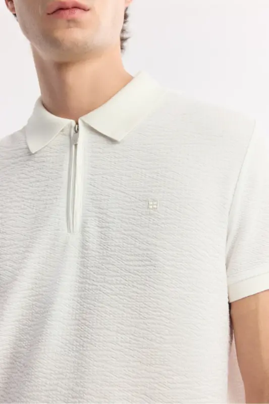 Men's Regular Fit White Polo Neck Textured Jacquard T-Shirt A51Y1019 - 2