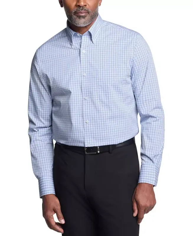 Men's Regular Fit Wrinkle Resistant Stretch Dress Shirt - Blue Grid - 1