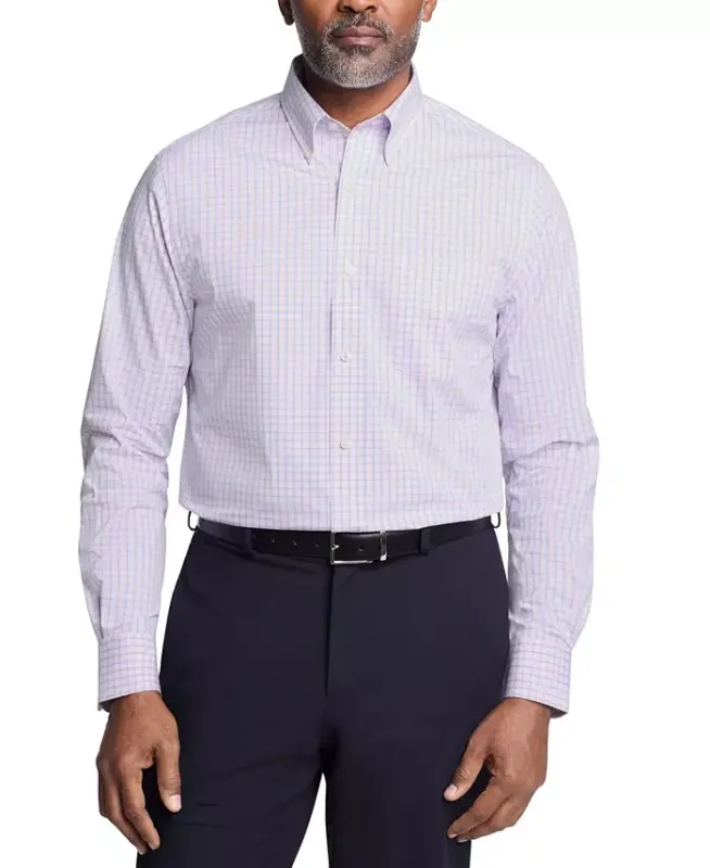 Men's Regular Fit Wrinkle Resistant Stretch Dress Shirt - Pink Grid - 1
