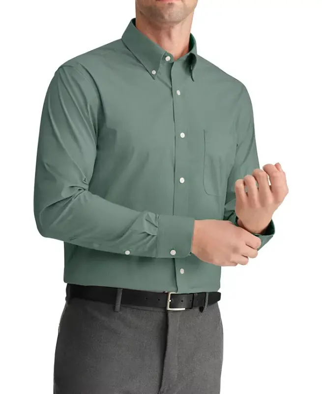 Men's Regular Fit Wrinkle Resistant Stretch Dress Shirt - Solid Green - 1