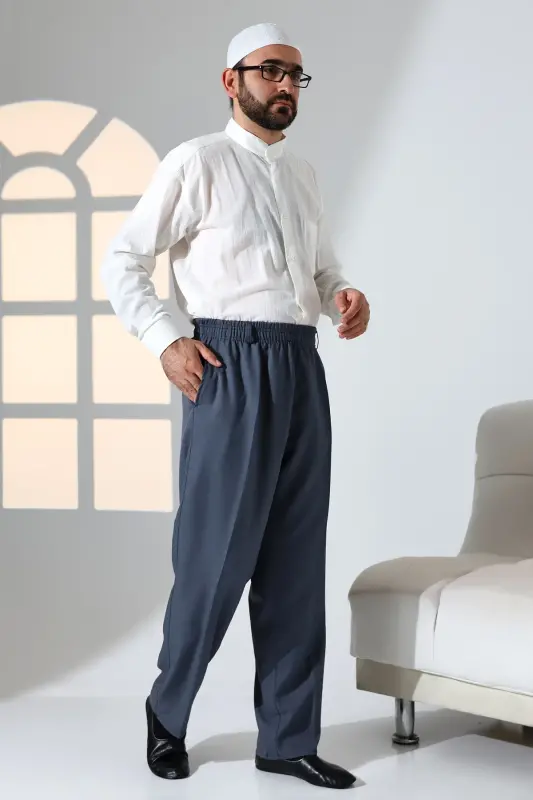 Men's Relaxed Elastic Waist Pocket Hajj Umrah Fabric Shalwar Pants - Blue - 4