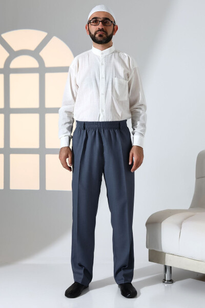 Men's Relaxed Elastic Waist Pocket Hajj Umrah Fabric Shalwar Pants - Blue - IHVAN ONLINE