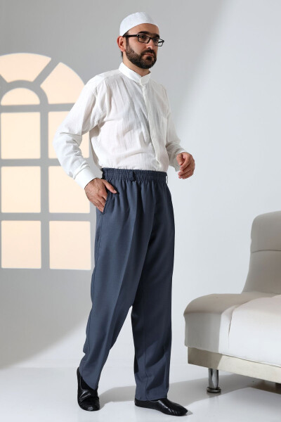 Men's Relaxed Elastic Waist Pocket Hajj Umrah Fabric Shalwar Pants - Blue - IHVAN ONLINE (1)