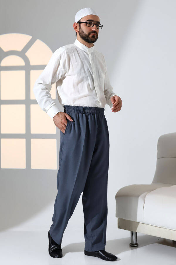 Men's Relaxed Elastic Waist Pocket Hajj Umrah Fabric Shalwar Pants - Blue - 2