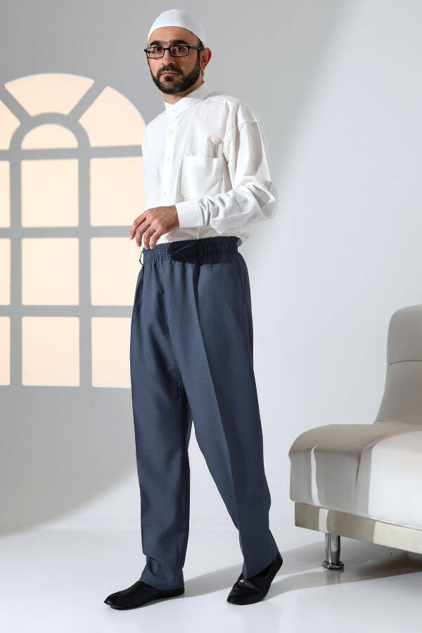 Men's Relaxed Elastic Waist Pocket Hajj Umrah Fabric Shalwar Pants - Blue - 3