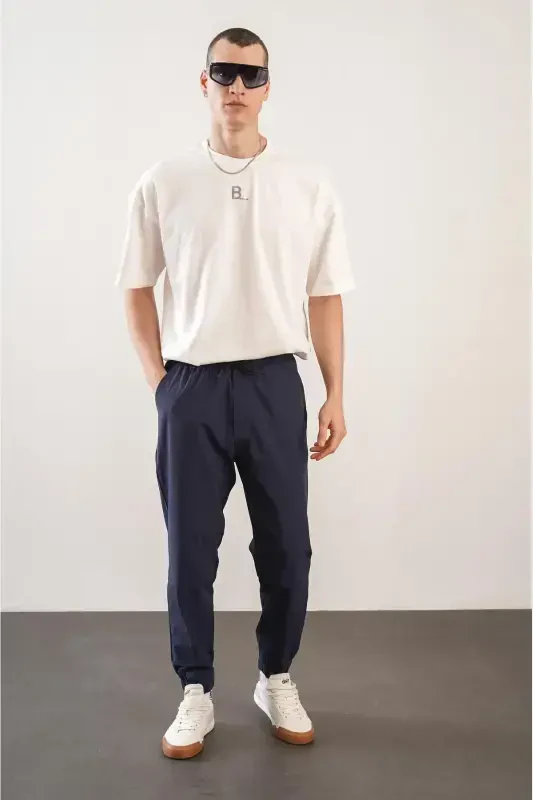 Men's Relaxed Fit Elastic Waist and Hem Jogger Pants-Navy Blue - 3