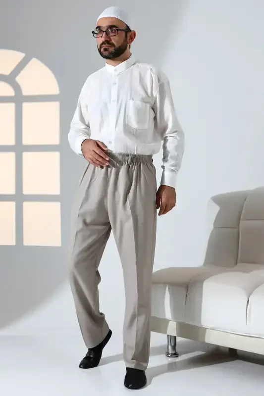 Men's Relaxed Fit Elastic Waist Band Pants for Hajj and Umrah - Earth Tone - 3