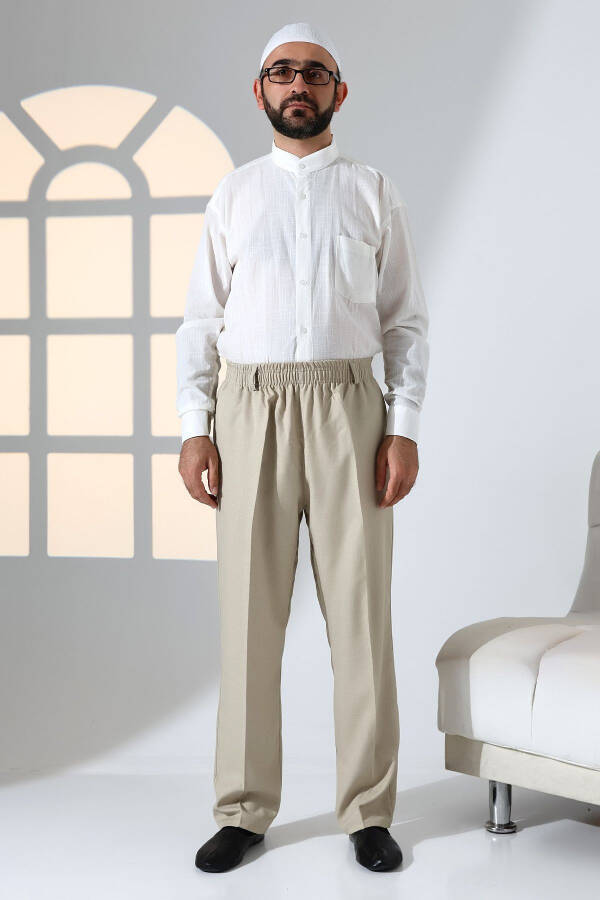 Men's Relaxed Fit Elastic Waist Cargo Trousers for Hajj and Umrah - Cream Color (İSR) - 1