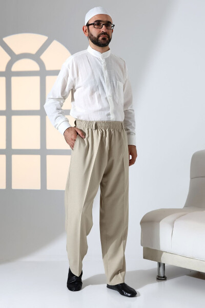 Men's Relaxed Fit Elastic Waist Cargo Trousers for Hajj and Umrah - Cream Color (İSR) - 2