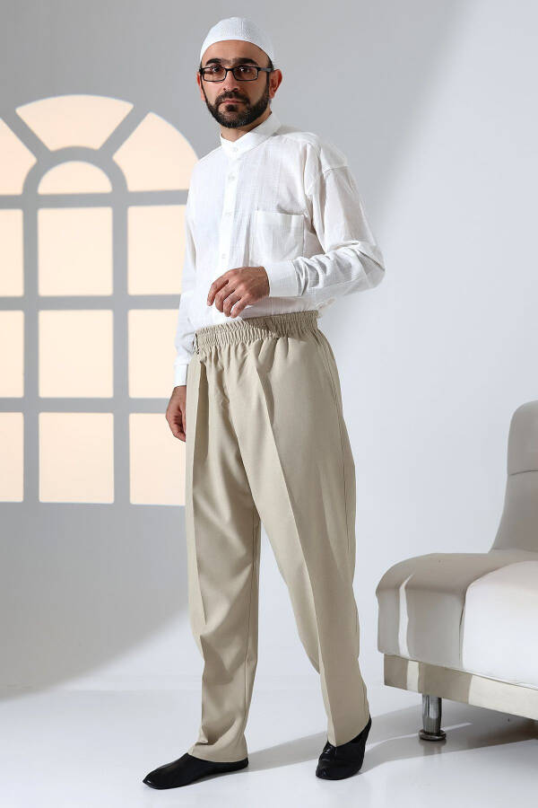 Men's Relaxed Fit Elastic Waist Cargo Trousers for Hajj and Umrah - Cream Color (İSR) - 3