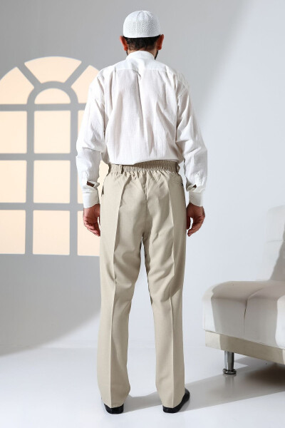 Men's Relaxed Fit Elastic Waist Cargo Trousers for Hajj and Umrah - Cream Color (İSR) - 7