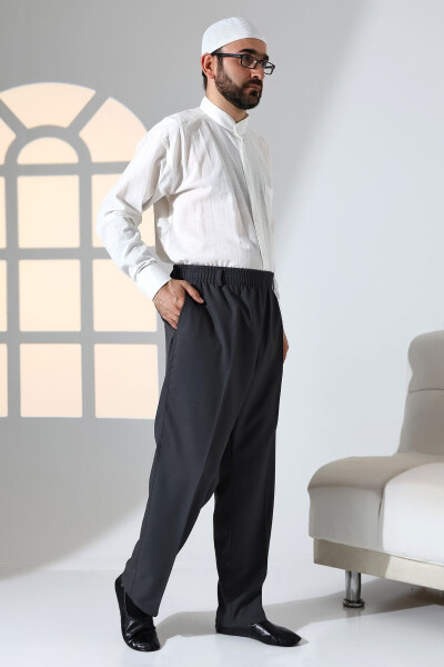 Men's Relaxed Fit Elastic Waist Pocket Hajj and Umrah Fabric Shalwar Pant - Smoke (İSR) - IHVAN ONLINE