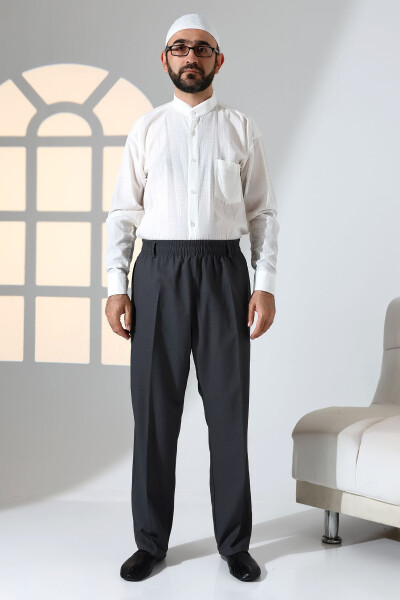 Men's Relaxed Fit Elastic Waist Pocket Hajj and Umrah Fabric Shalwar Pant - Smoke (İSR) - IHVAN ONLINE (1)