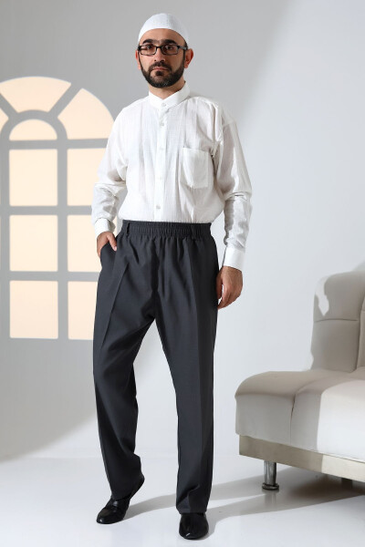 Men's Relaxed Fit Elastic Waist Pocket Hajj and Umrah Fabric Shalwar Pant - Smoke (İSR) - 3