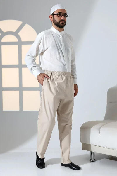 Men's Relaxed Fit Elastic Waist Pocket Hajj and Umrah Linen Shalwar Pants - Beige (KRK) - IHVAN ONLINE (1)