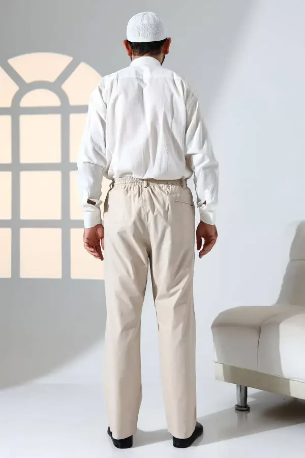 Men's Relaxed Fit Elastic Waist Pocket Hajj and Umrah Linen Shalwar Pants - Beige (KRK) - 7