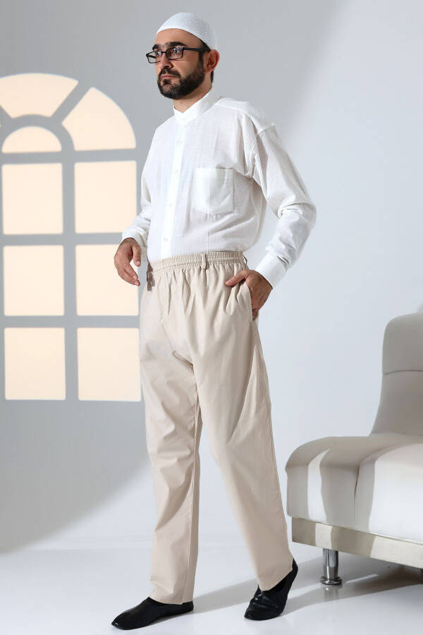 Men's Relaxed Fit Elastic Waist Pocket Hajj and Umrah Linen Shalwar Pants - Beige (KRK) - 3