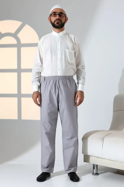 Men's Relaxed Fit Elastic Waist Pocket Hajj and Umrah Linen Shalwar Pants - Grey (KRK) - IHVAN ONLINE