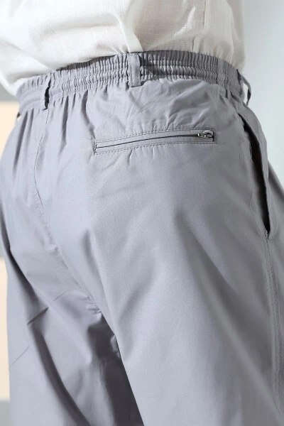 Men's Relaxed Fit Elastic Waist Pocket Hajj and Umrah Linen Shalwar Pants - Grey (KRK) - 6