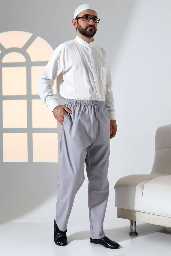 Men's Relaxed Fit Elastic Waist Pocket Hajj and Umrah Linen Shalwar Pants - Grey (KRK) - 2