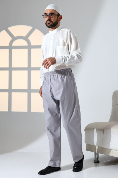 Men's Relaxed Fit Elastic Waist Pocket Hajj and Umrah Linen Shalwar Pants - Grey (KRK) - 3