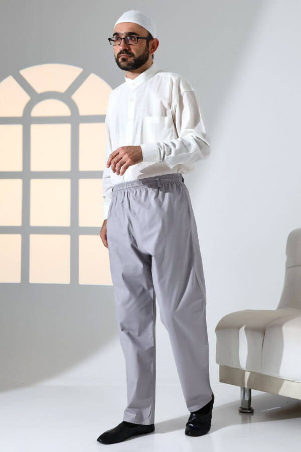 Men's Relaxed Fit Elastic Waist Pocket Hajj and Umrah Linen Shalwar Pants - Grey (KRK) - 3