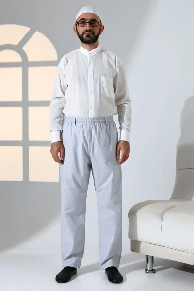 Men's Relaxed Fit Elastic Waist Pocket Hajj and Umrah Linen Shalwar Pants - Light Gray (KRK) - 1
