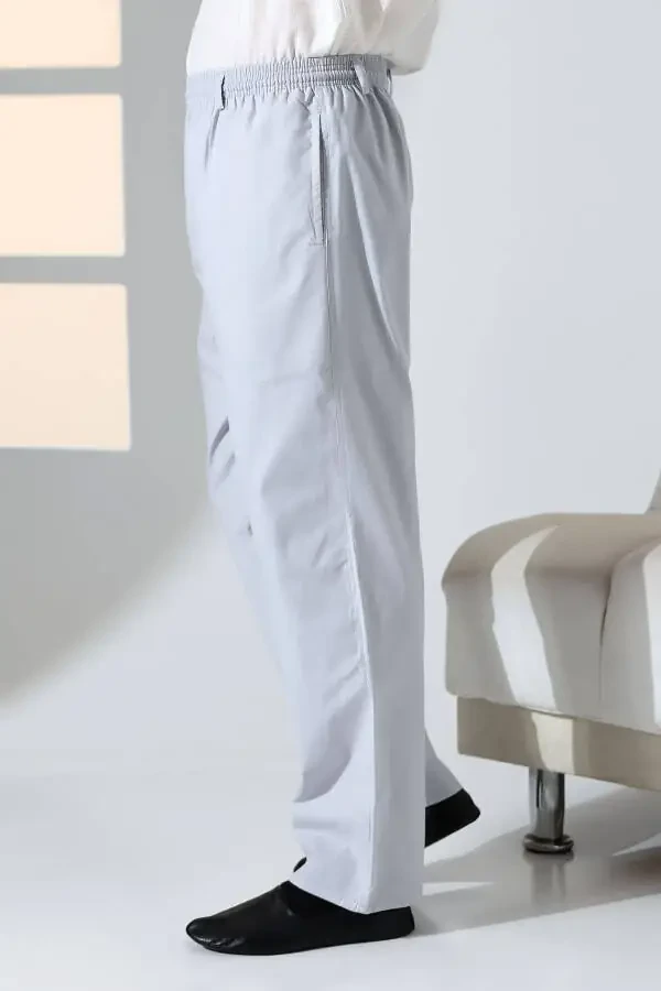 Men's Relaxed Fit Elastic Waist Pocket Hajj and Umrah Linen Shalwar Pants - Light Gray (KRK) - 4