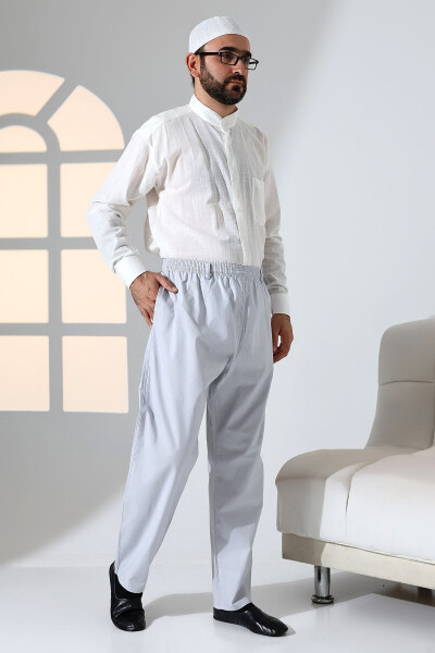 Men's Relaxed Fit Elastic Waist Pocket Hajj and Umrah Linen Shalwar Pants - Light Gray (KRK) - 2