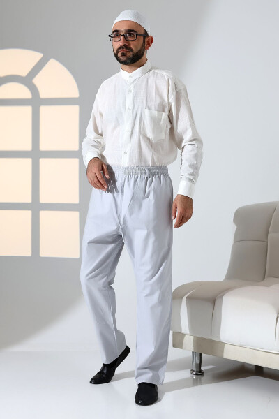 Men's Relaxed Fit Elastic Waist Pocket Hajj and Umrah Linen Shalwar Pants - Light Gray (KRK) - 3