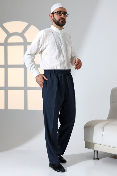 Men's Relaxed Fit Elastic Waist with Pockets Ihram and Umrah Fabric Pants - Navy Blue (ISR) - IHVAN ONLINE (1)
