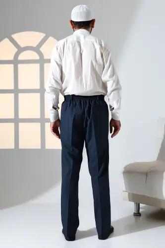 Men's Relaxed Fit Elastic Waist with Pockets Ihram and Umrah Fabric Pants - Navy Blue (ISR) 